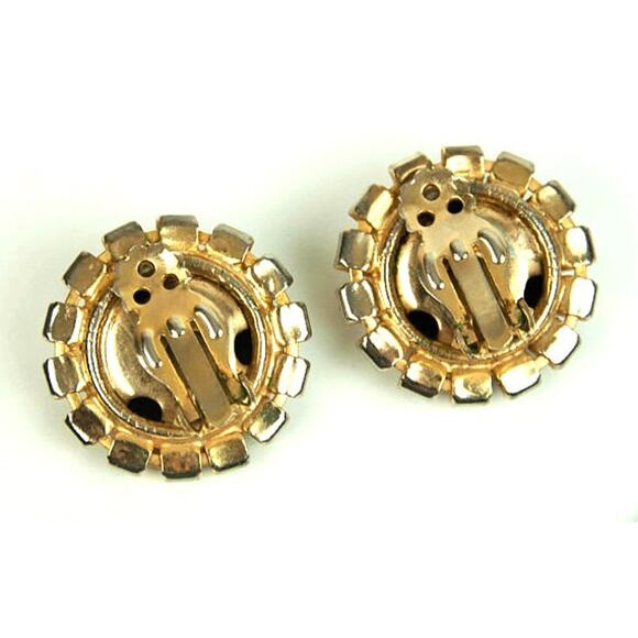 60s Basket Weave Gold PlateTone Red Rhinestones Domed Button Round Clip Earrings - Picture 2 of 3